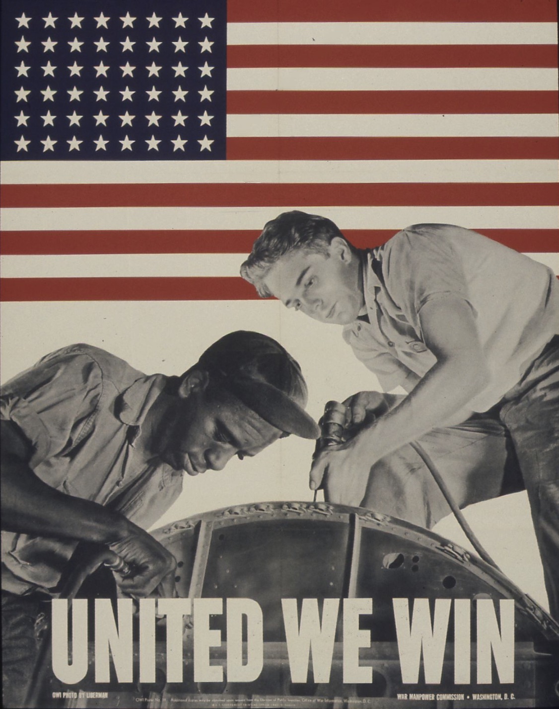 A poster promoting cooperation between Americans of different races in the war effort. 